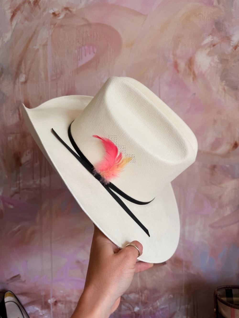 Women's Cream cowboy Hat with Pink Feather Trim